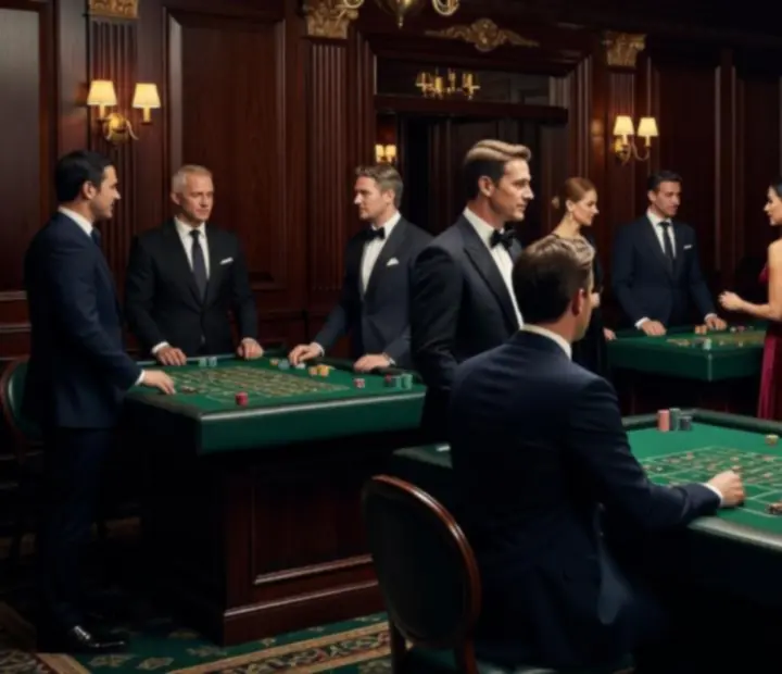 Ciemna, elegancka sala z profesjonalnymi stołami kasynowymi i obsługą w smokingach, przygotowana na wieczór firmowy.