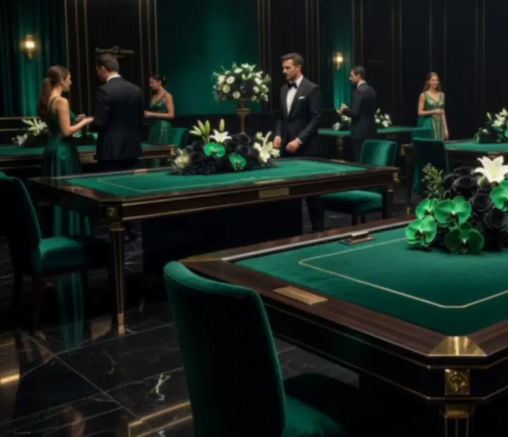 Elegancka, ciemna sala gali biznesowej z zieloną scenografią i złotymi akcentami świetlnymi, przygotowana przez Barbara Hopko HO&KO